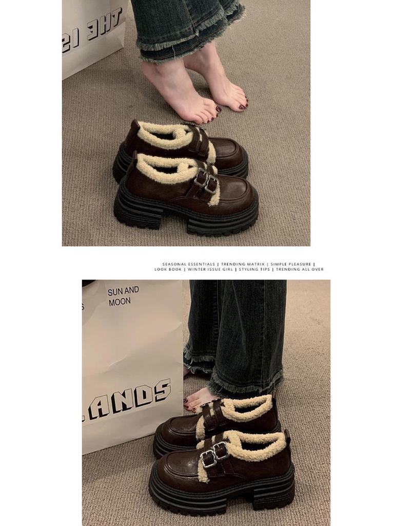 Damen Britischer Stil Fleecegefütterte Doppel-Schnallen Slipper - Dicksohlige, Vielseitige, Warme Lederschuhe