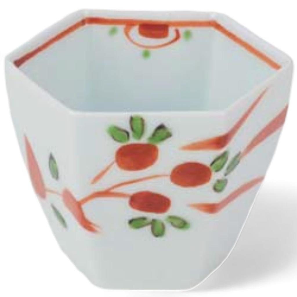 Takumifu Arita Ware 7cm Side Plate with Old Red Design, Hexagonal, Gui Sake Cup, Made In Japan