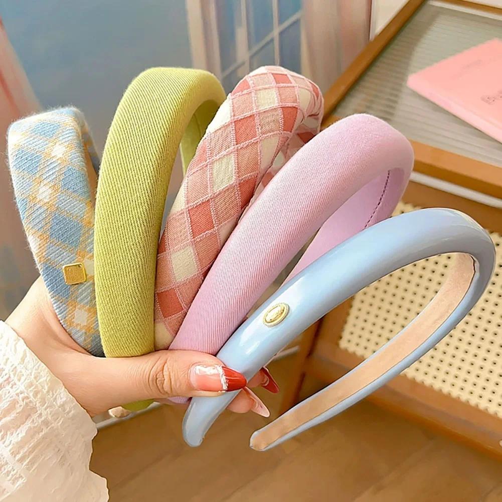Spring Summer Women Solid Color Head Hoop Set Princess Girls Sweet Plaid Cloth Headbands for Children Daily Headpiece
