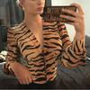 INS Internet Celebrity Zebra Leopard Print Sexy Deep V Neck Slim-Fit Short Long Sleeve Satin Lightweight Chiffon Short Top Shirt