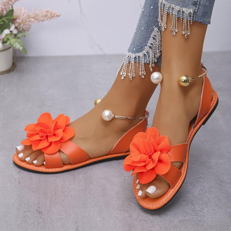 Flat bottom pearl foot sandals women's spot summer new foreign trade large size fashion flower sandals