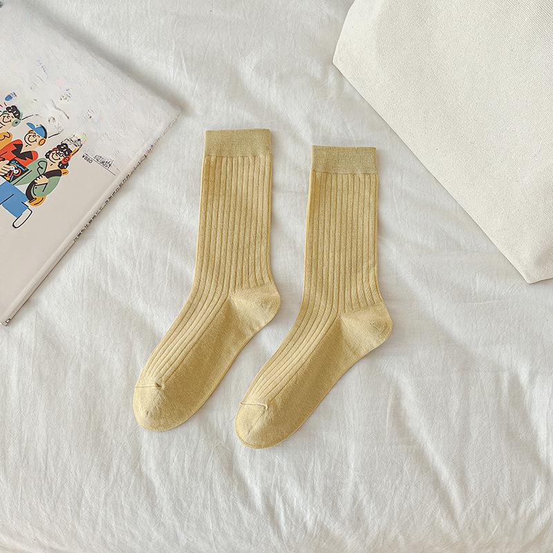 Female Summer Thin Simple Pure Color All Build Vertical Bar Wicking High Tube Cotton Socks