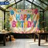 Birthday Party Rose Bouquet Balloons Candles Backdrop, Pink Polyester Banner for Photo Booth & Wall Decor