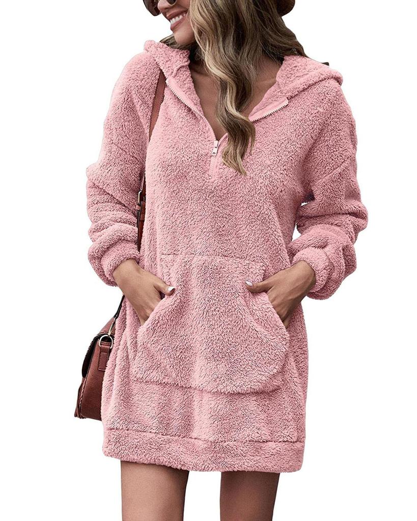 Damen Samt Kapuzenmantel Doppelseitig Plüschtaschen Locker Winter Warm Pulloverjacke Herbst Winter Kleidung