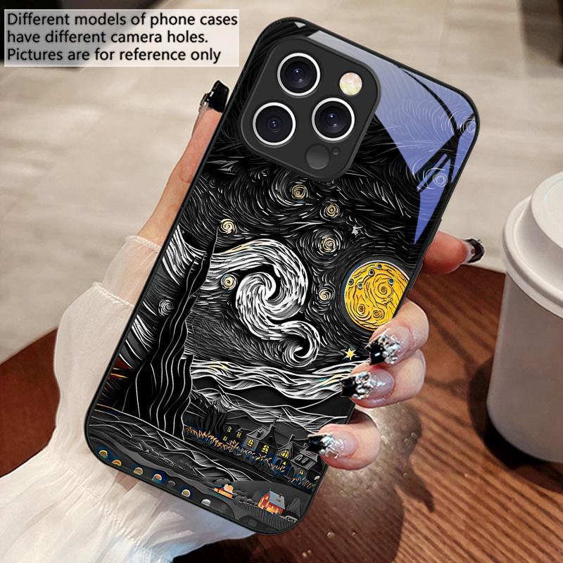 Oil Painting Starry Sky For iPhone 16 E 15 14 13 Plus 12 Mini 11 Pro Max XR Xs Max X 7 8 6 6S 2022 Tempered Glass Phone Case