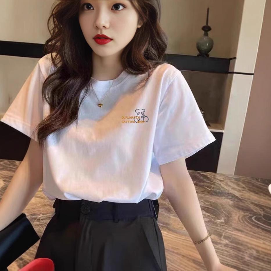 Pure Cotton Short-sleeved White T-shirt Women's Crew Neck Summer Spring and Autumn Inner Bottoming Shirt Loose Large Size T-shirt Simple Top