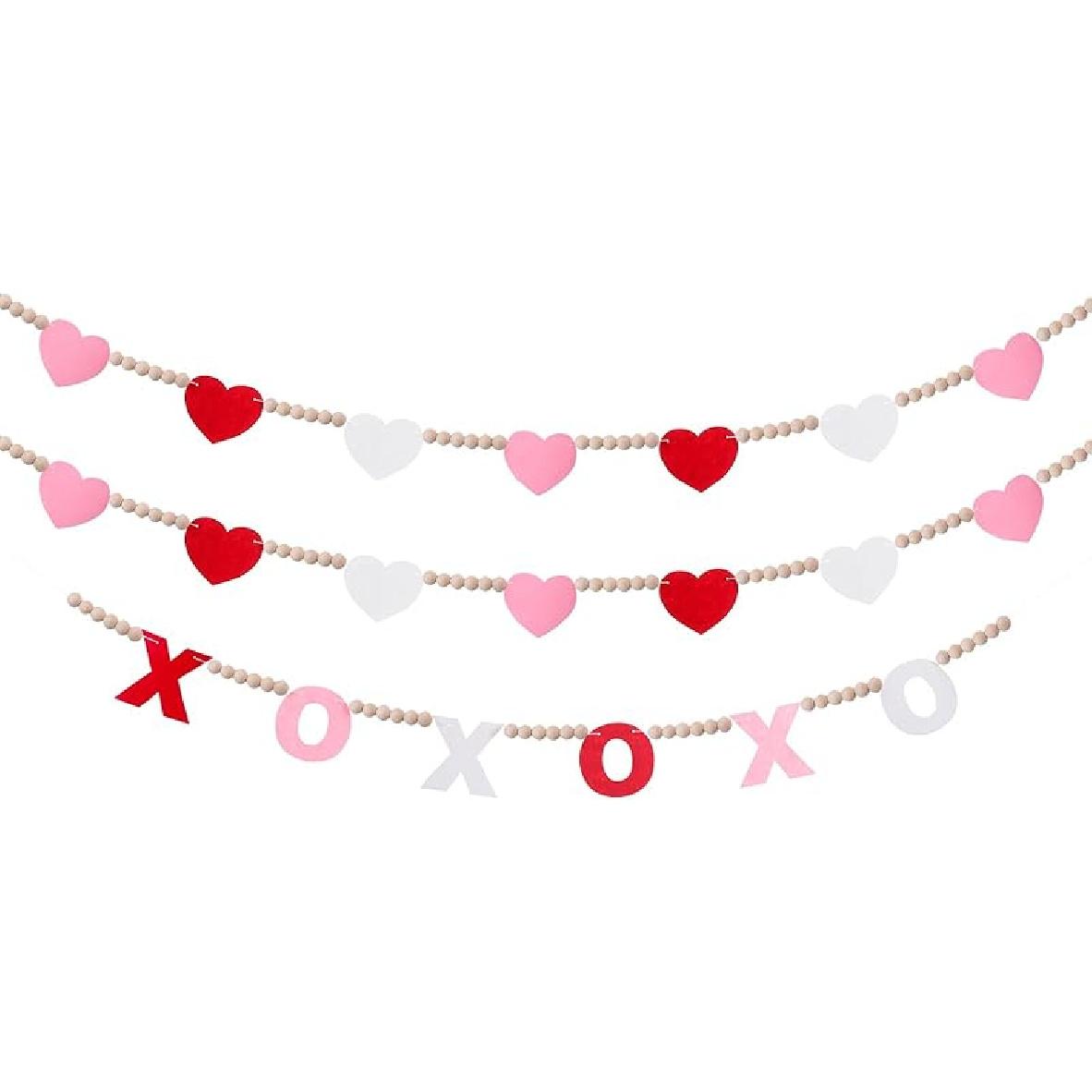 3 Pcs Valentine s Day Garland Heart XOXO Garland for Valentine s Day Mantle Decor Hanging Felt Hearts XOXO Letter Wood Bead Banner for Fireplace Valentine s Day
