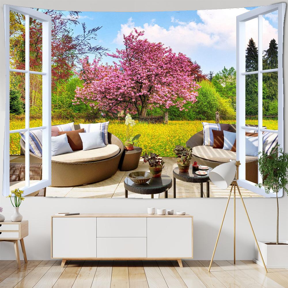 

Гобелен с пейзажем на окне для украшения, 3D-гобелен с романтическими цветами, домашняя живопись, психоделические лесные гобелены, настенные гобелены W300xH180cm