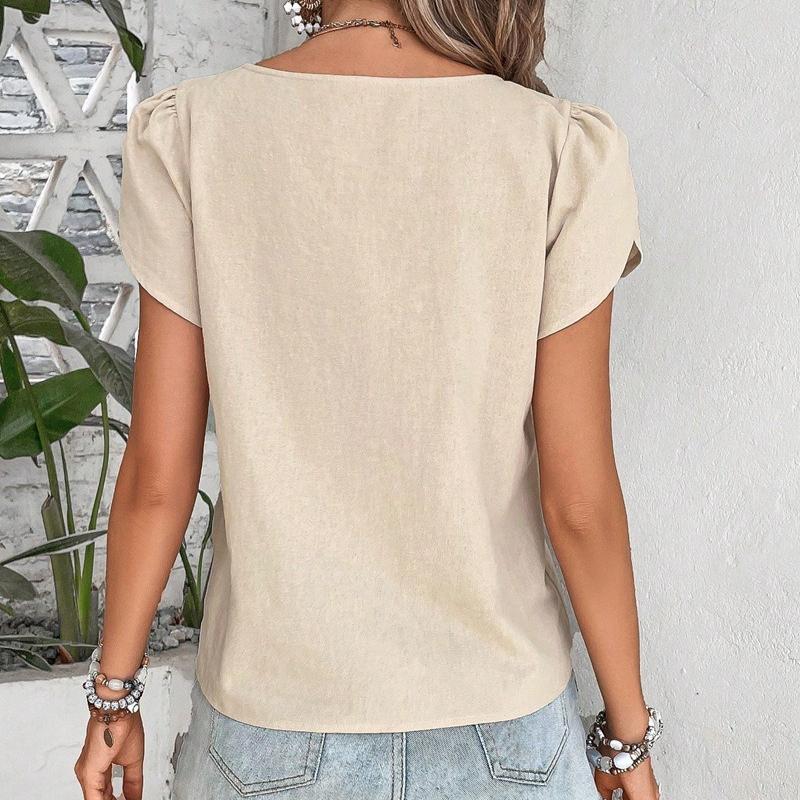 New Chic Womens Asymmetrical Neck Puff Sleeve Blouse Casual Button Detail Short Sleeve Top Elegant Loose Fit Summer Shirt for Work  Everyday Wear