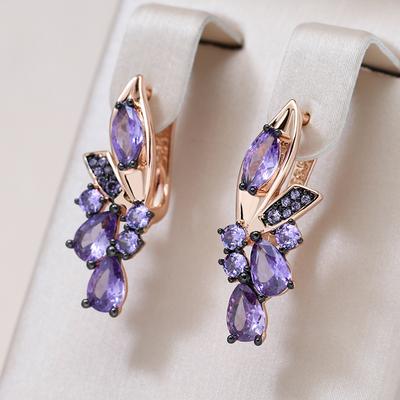 Orecchini Inglesi in Zircone Naturale Viola da Donna Placcatura Oro Rosa e Nero Gioielli da Matrimonio Orecchini a Fiore Vintage