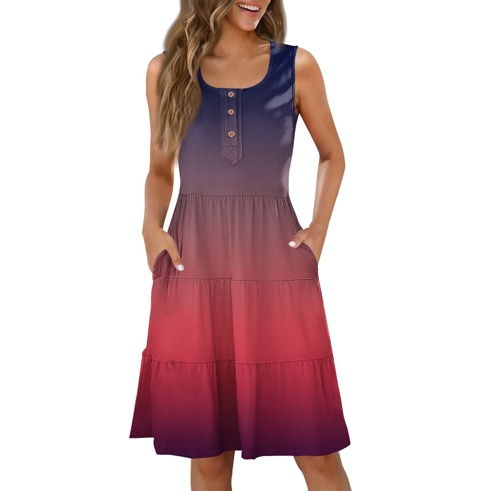 

Женские летние модные повседневные платья с круглым вырезом и пуговицами без рукавов с градиентом XXXL