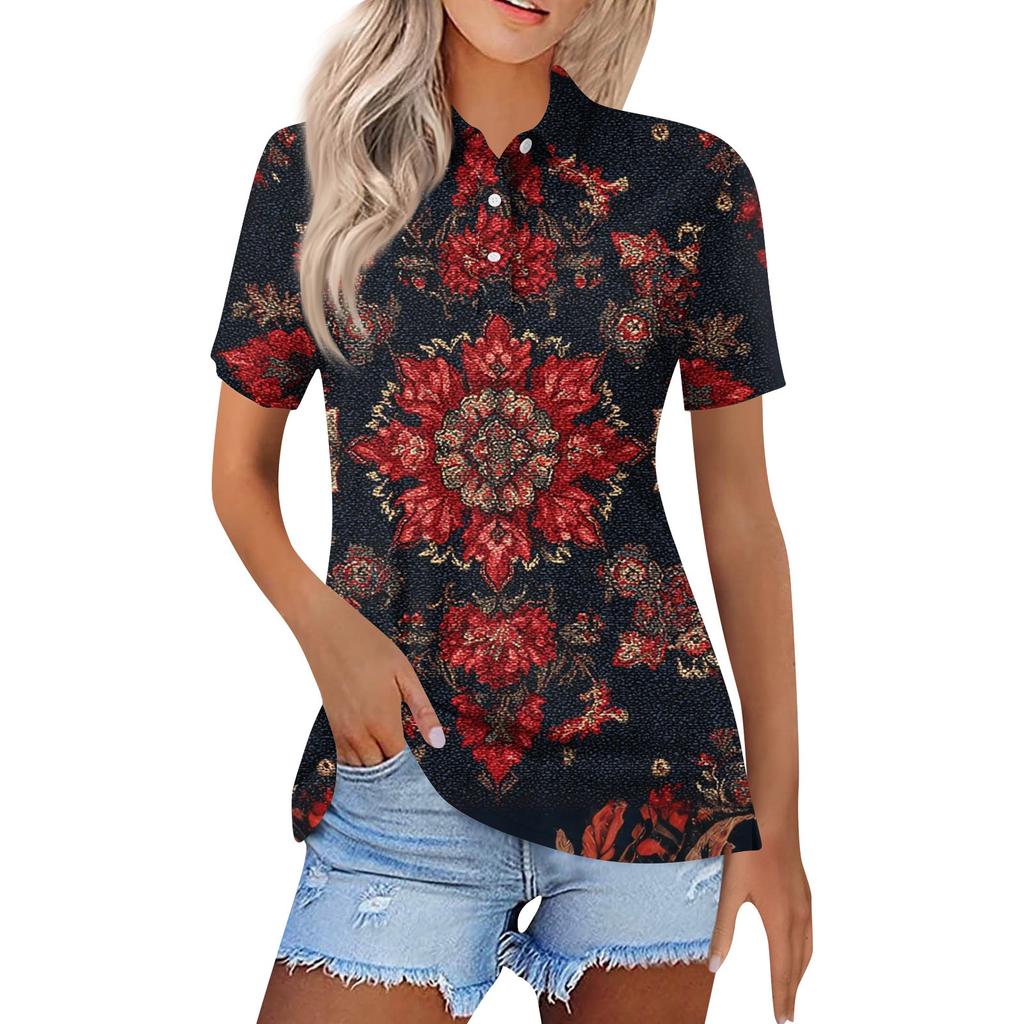 Women's Fashion Casual Lapel Short Sleeve Print Shirt Women's Button Up Tops