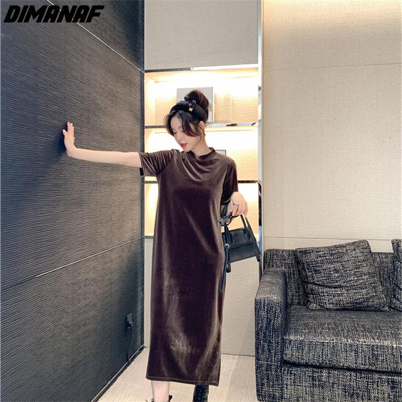 Dimanaf Women 2022 New Autumn Dress Solid Elegant Long Dress Loose Dress Show Thin O-Neck Dresses