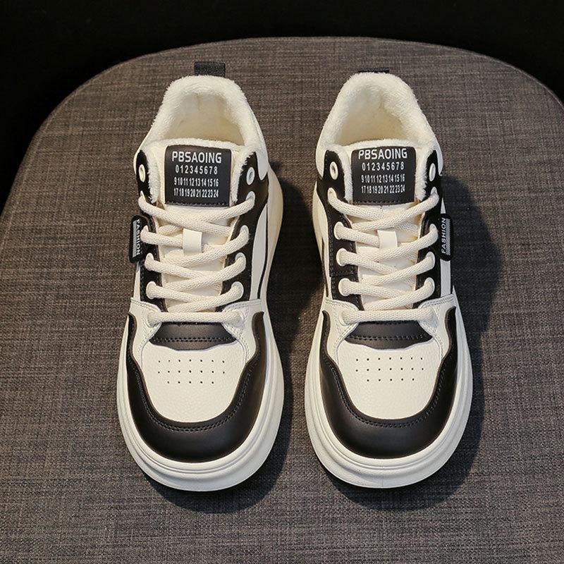 Leather High-top Cotton Shoes Women's New Winter Velvet White Shoes Casual Sports Thick-soled High-top Shoes Children