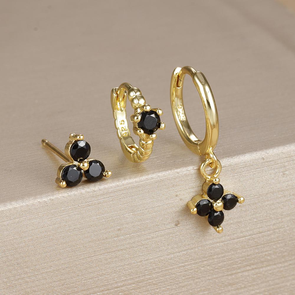 3PCS Fashion Gold Plated Chain Zircon Hanging Earrings Set for Women Stainless Steel Punk Flower Dangle Earring Piercing Jewelry
