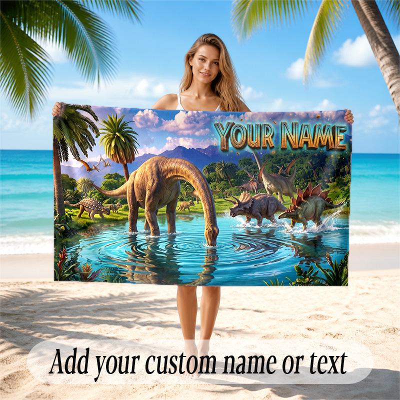 Dinosaur Theme Quick Dry Beach Towel Custom Name Text Print Large Sand Resistant Towel Beach Vacation
