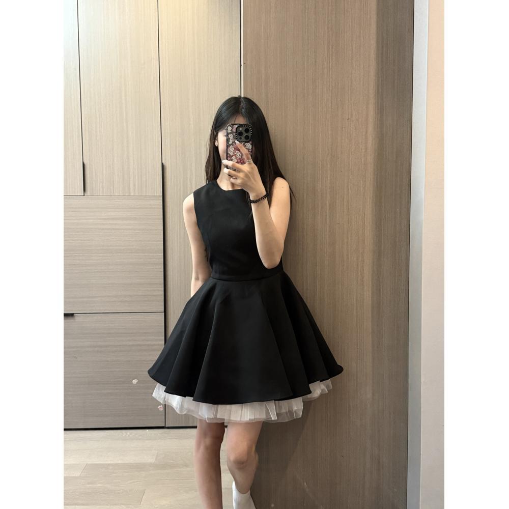 Girly Temperament Waist Fluffy Ballet Style Small Black Dress French Hepburn Dress Contrasting Color Mesh Stitching Sleeveless