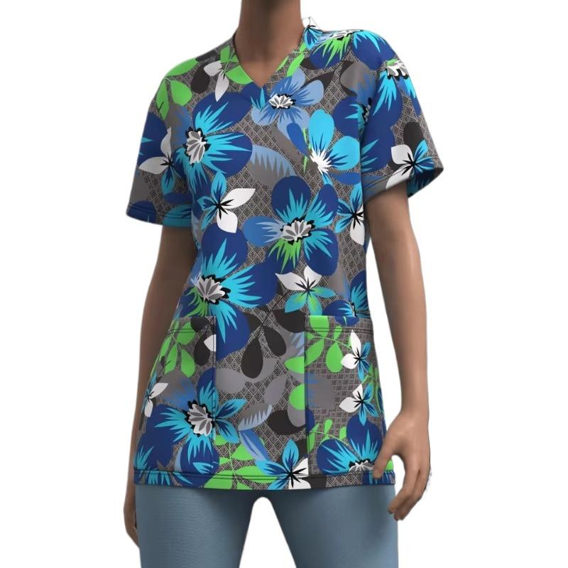 

Женский винтажный хирургический халат с цветочным принтом, топы, короткий рукав, V-образный вырез, рубашка для медсестры, униформа с карманами, футболка, рабочие топы для медсестер 2XL