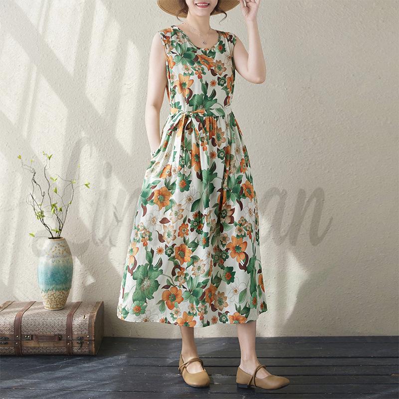 2026 Artistic Retro Sleeveless Mid-Length Cotton Linen Dress for Women - Spring/Summer Large зелёный