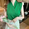 Wrap V-Neck Sleeveless Slim Fit Women Top Solid Color Satin Blouse