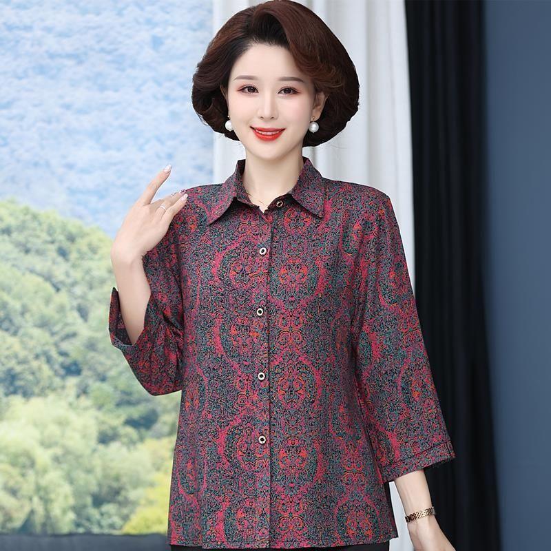 Vintage Broken Printed Blouse Spring Summer 3/4 Sleeve Turn-down Collar Commute Single-breasted Shirt