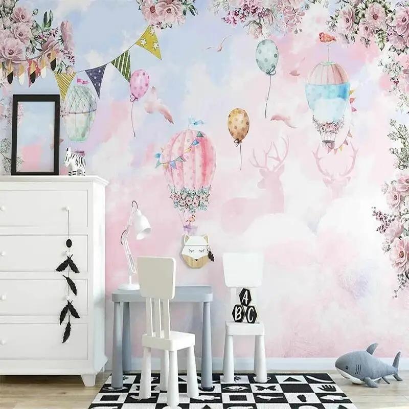 Mural Wall Wallpaper Nordic 3D Pink Cloud Hot Air Balloon Children's Room Background For Bedroom Cartoon Wallpaper
