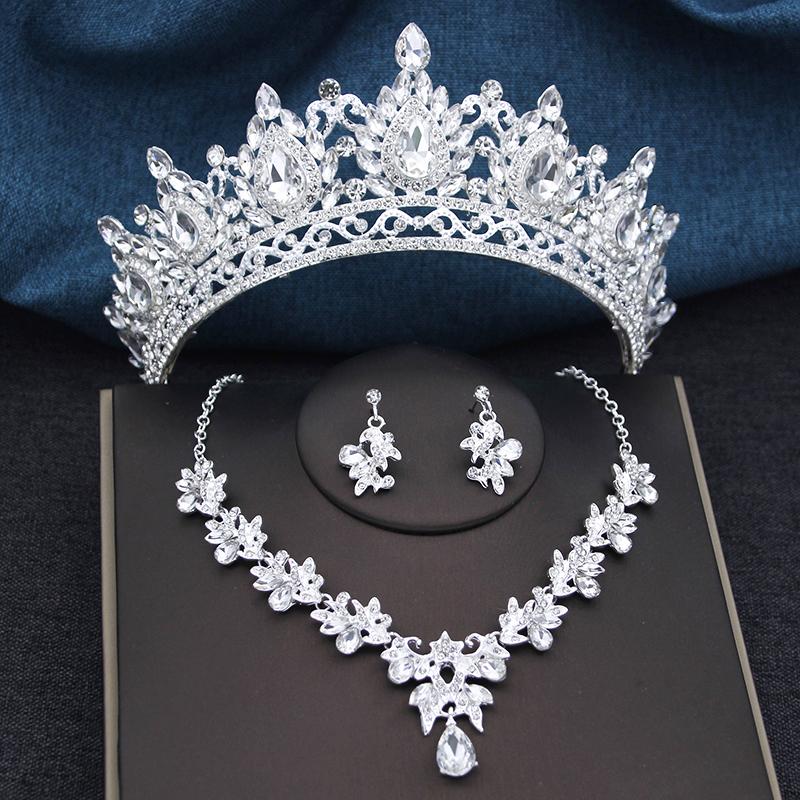 Vintage 3 Pcs Bridal Crown Sets Royal Queen Princess Tiaras and Necklace Set Wedding Bride Jewelry Sets Costume Accessories