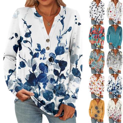 Women's Fashion Casual Floral Print Long Sleeve T-Shirt Pullover Top