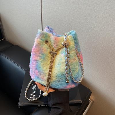 Dopamin Farbe Fell Glitzer Bucket Bag neue hübsche bezaubernde Mädchen Schultertasche Kette Schulter Umhängetaschen