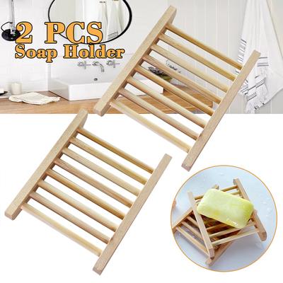 2pcs Natural Wooden Bamboo Soap Dish Bathroom Shower Drain Storage Rack