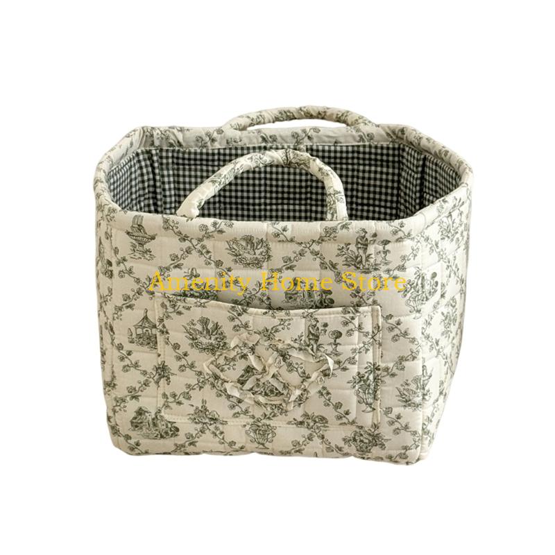 F26C Floral Pattern Quilted Cotton Storage Basket Foldable Lightweight with Handles for Home Laundry Toy Organization