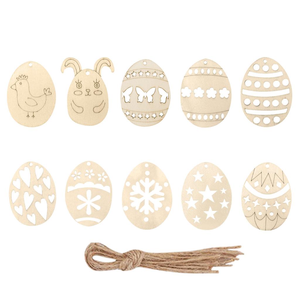 10pcs Easter Egg Wooden Pendants With Ropes, Unfinished Egg Shaped Cutouts Ornaments For Easter DIY Crafts Party Home Decorations