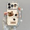 Cute 3D Bear Coffee Phone Case with Stand & Pearl Chain, Aesthetic Luxury Cover for iPhone