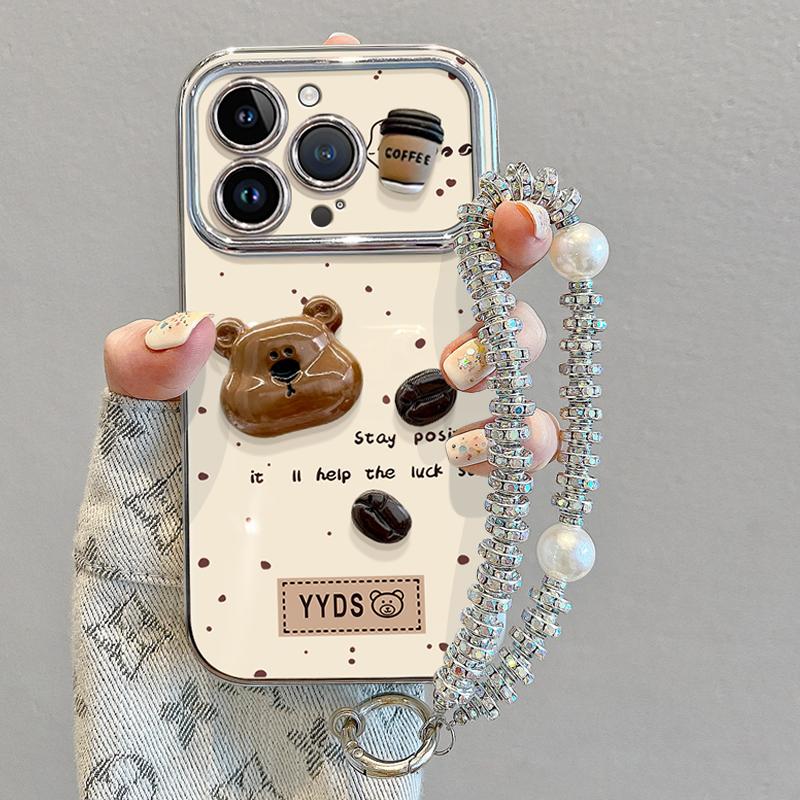Cute 3D Bear Coffee Phone Case with Stand & Pearl Chain, Aesthetic Luxury Cover for iPhone