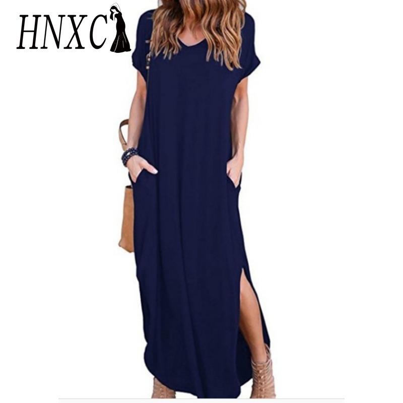 HNXC Sexy dámské šaty nadměrné velikosti 5XL letní jednobarevné ležérní maxi šaty s krátkým rukávem pro ženy dlouhé šaty dámské šaty
