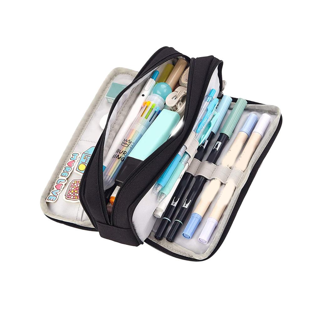 Pencil Pouch With 3 Compartments Large Capacity Double Opening Soft Canvas Dustproof Zipper Pencil