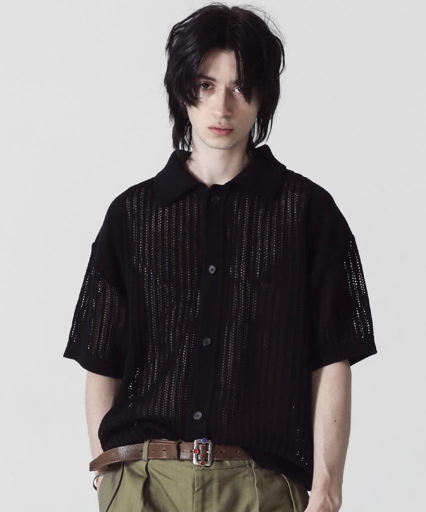 Stage Name Summer Varsity Short Sleeve Knit Shirt Cardigan_Black