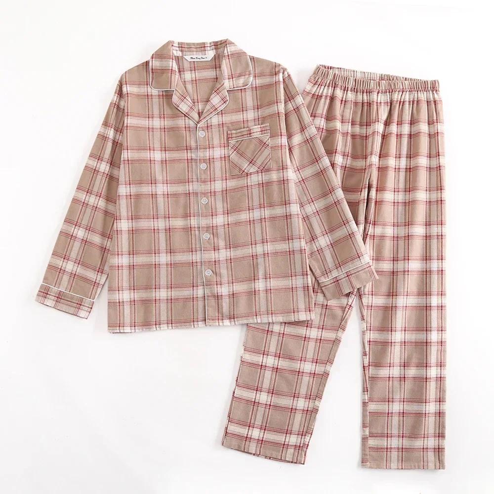 Rutet design Flerfarget Varm bomullsflanell Langermet Bukser Pyjamas for menn Høst og Vinter Hjemmeklær Nattøy Sett