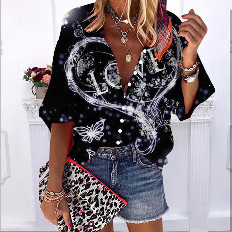 

2023 Лето Осень Новая мода Женские топы Красочная повседневная рубашка больших размеров на пуговицах с принтом с принтом любви