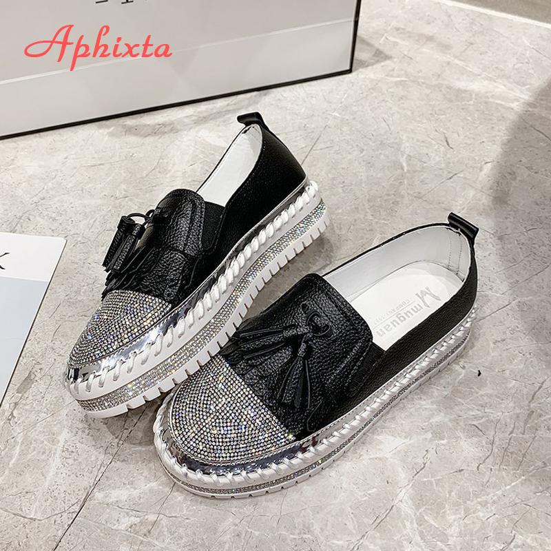 

Aphixta Big Szie 43 Luxury Crystals Round Toe Flats Women Pink Bordered Fringe Platform Casual Female Rhinestone Women Shoes 5