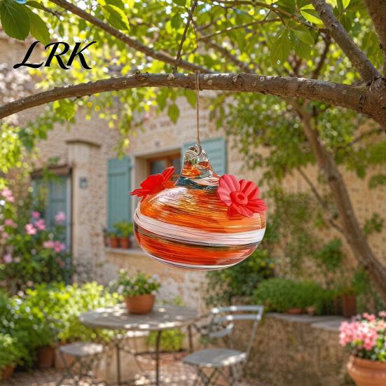 Colorful Glass Hummingbird Feeder Blown Feeder, Outdoor Hanging Nectar Bird with Two Flower Feeding Ports for Garden Backyard Decor