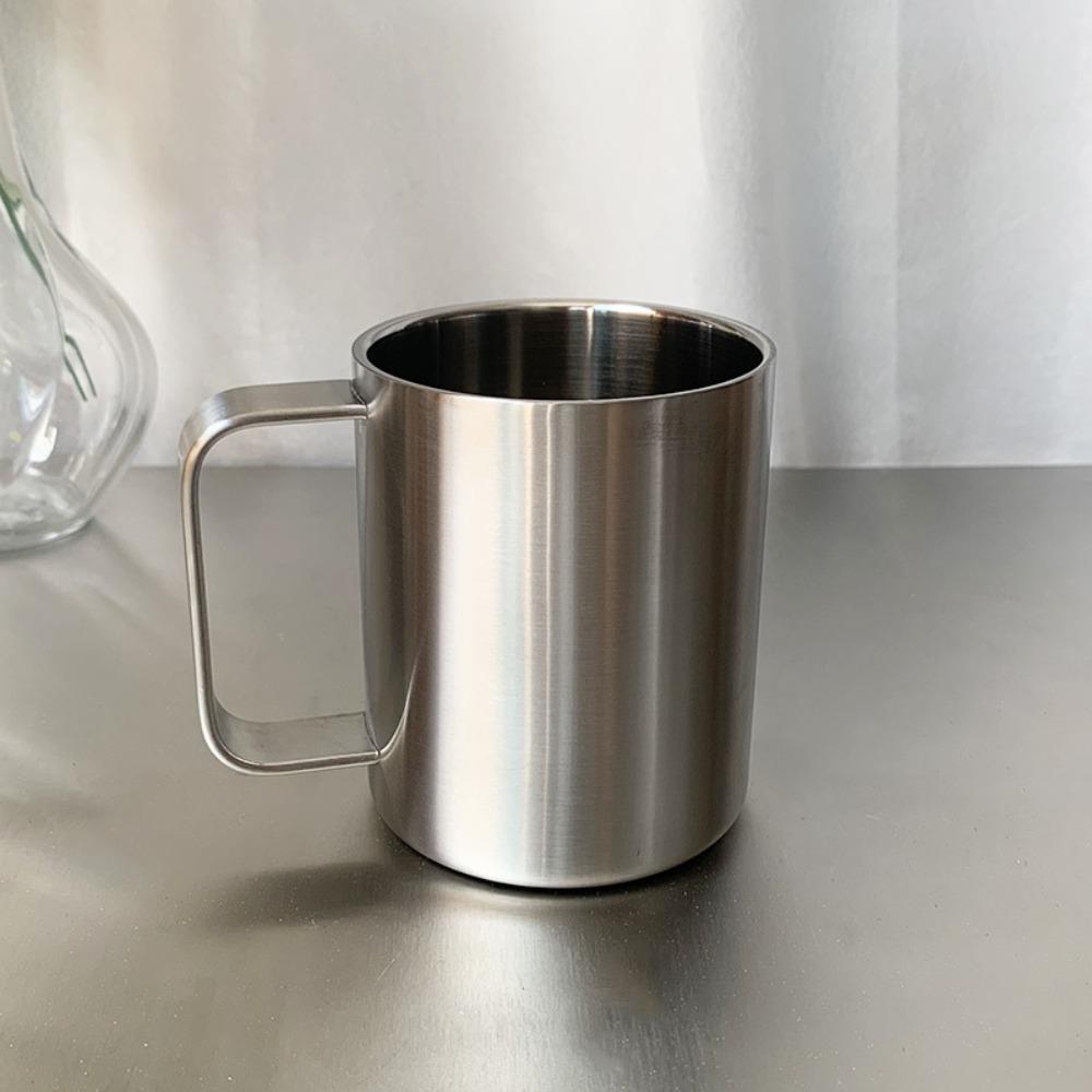 304 stainless steel water cup Metal stainless steel water cup with handle Anti-drop double-layer coffee cup with steel lid mug 350ml