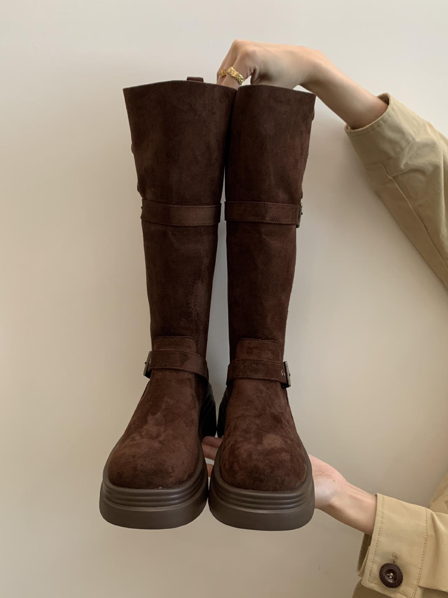 

2025 autumn and winter new retro suede knight boots women s thick heel thick sole long tube high tube thin round head high boots 39