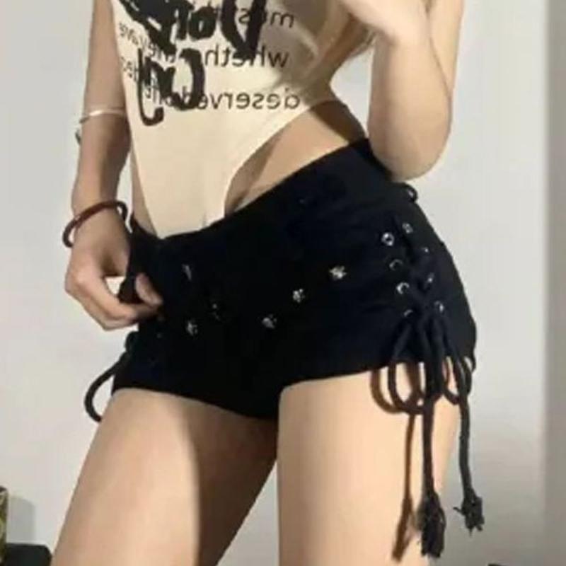 

Шорты женские узкие для творчества на шнуровке Популярная уличная одежда Повседневная Личность Праздник Мода Сексуальный дизайн на бретельках Американский ретро Досуг XL чёрный