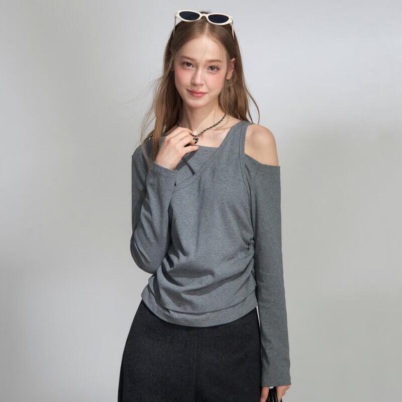 A02 Designer Asymmetric Off-Shoulder Long Sleeve Ruched Top