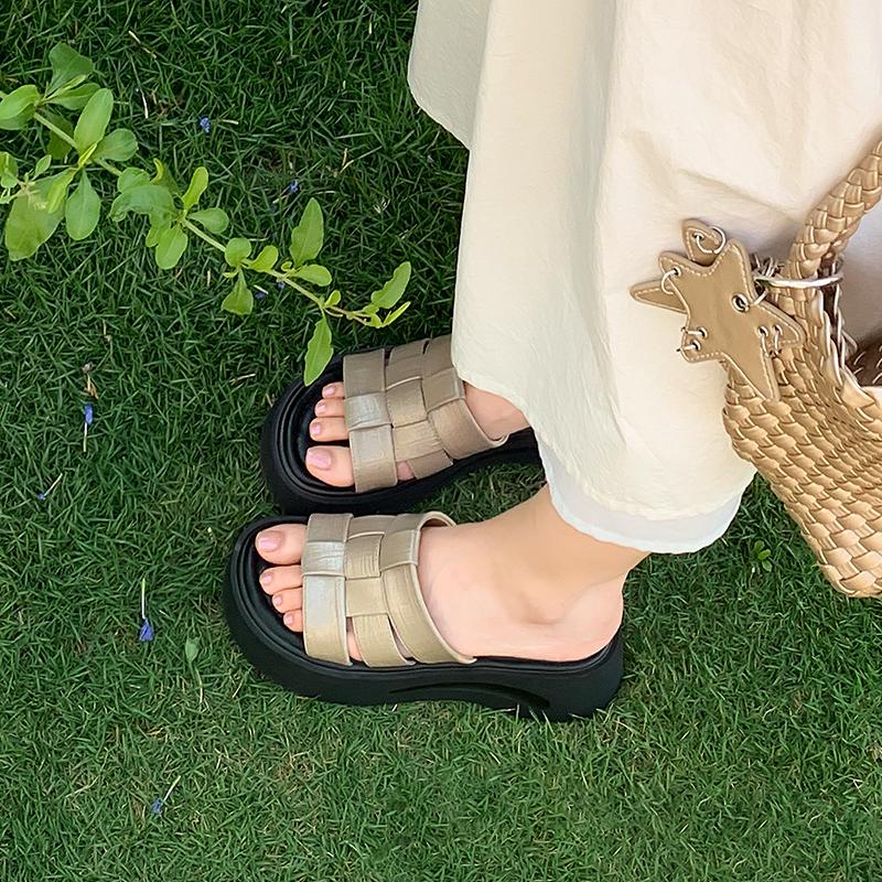 

[Lan Cabinet] Mint woven glossy one-word drag women s thick-bottomed Roman holiday style bread slippers women s summer wear 40 оливковое зеленый