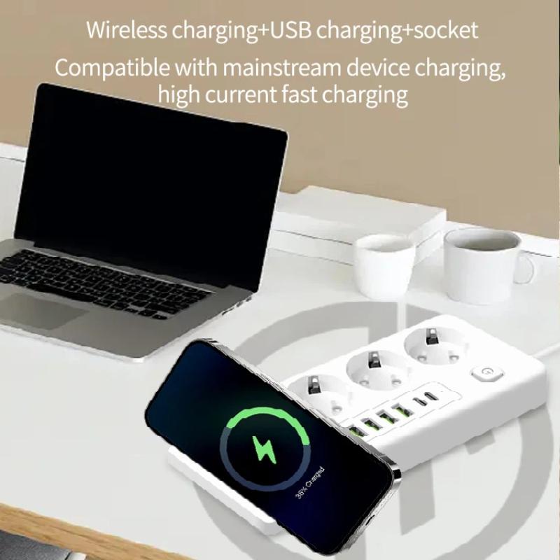 EU Plug Power Strip With Wireless Charger – Multi-Outlet USB PD Charging Station with Wireless Charging Pad