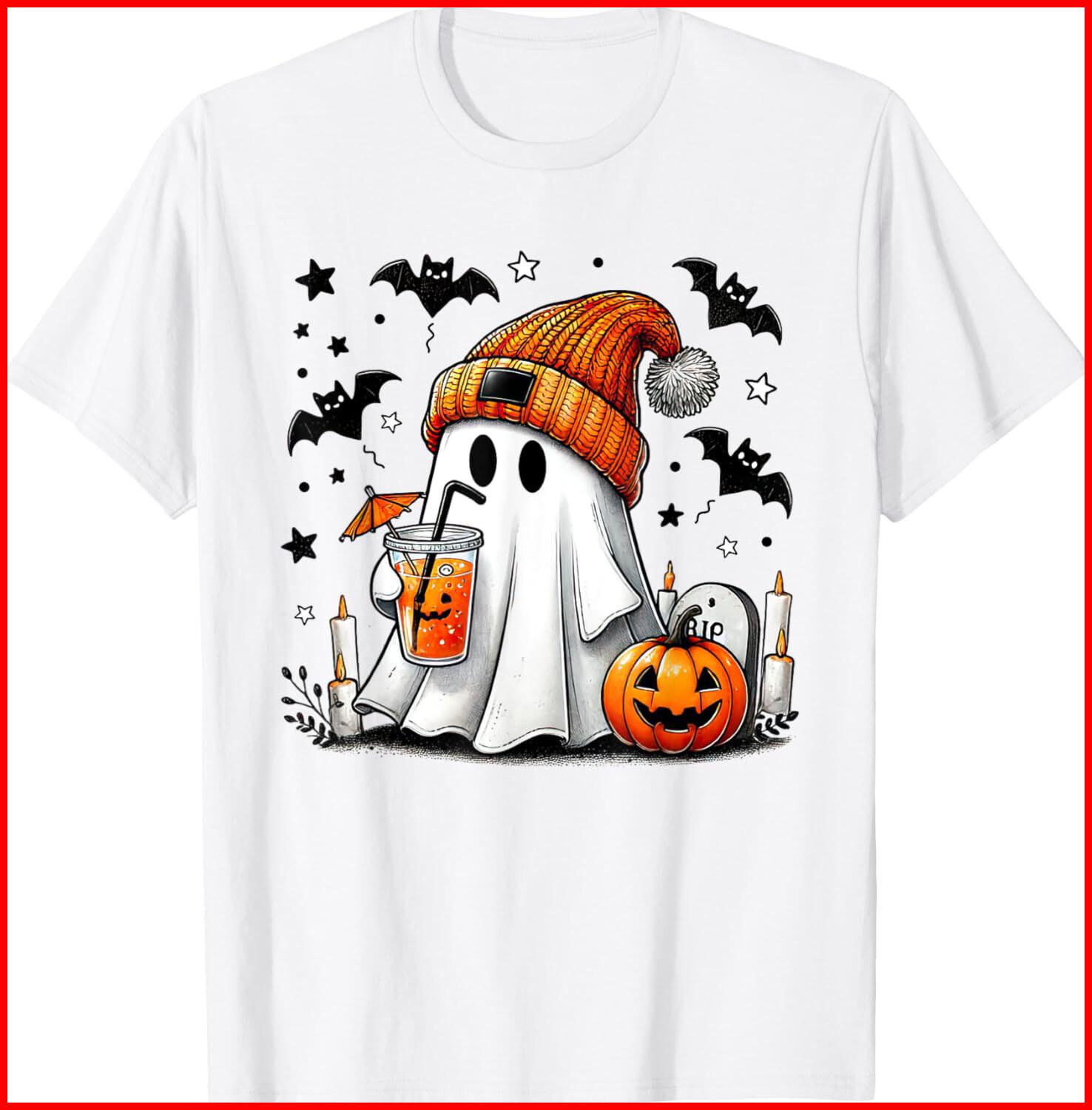 Cute Ghost Drinking Coffee Halloween Ghost Coffee White T-Shirt S-5XL S