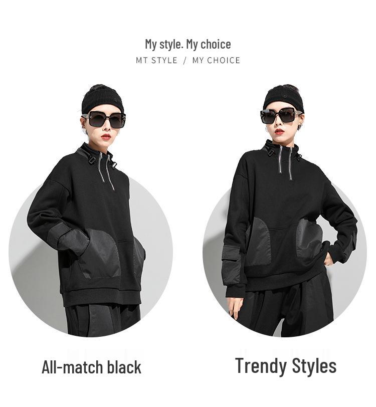 Black Street Style Slimming Pullover with Patch Pockets