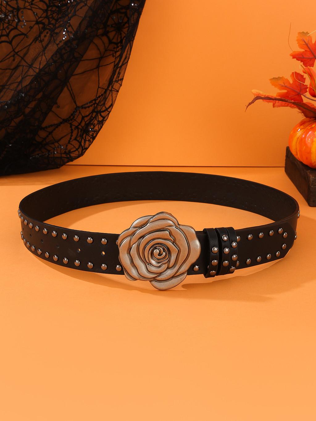 Trendy Pu Leather Belt With Alloy Flower Buckle For Hip Hop Fashion Accessories